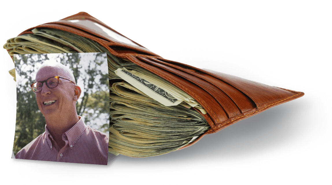 State Senator Duey Stroebel’s headshot against a wallet full of money saved by lowering taxes