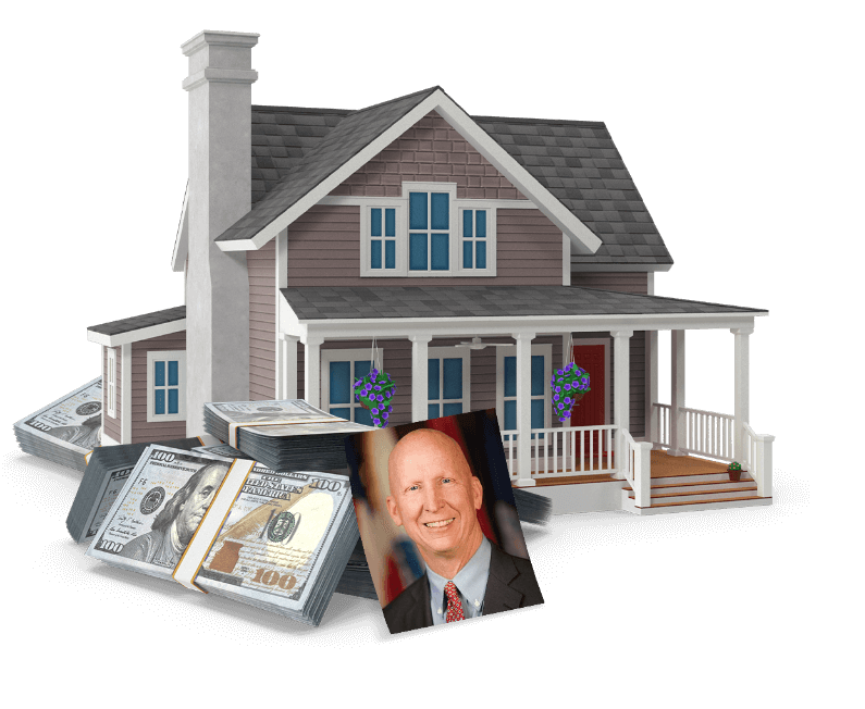State Senator Stroebel’s headshot against a model home and piles of banded cash